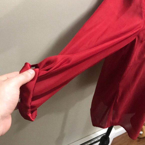 {Chico’s} Satin Red Button Down Roll Tab Blouse - Picture 5 of 6
